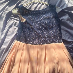 Tween dress, pink and blue with floral pattern for the top portion, B Darlin.